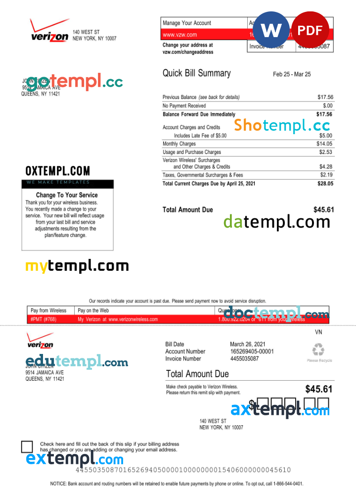 USA Verizon utility bill download Word and PDF example, version 3