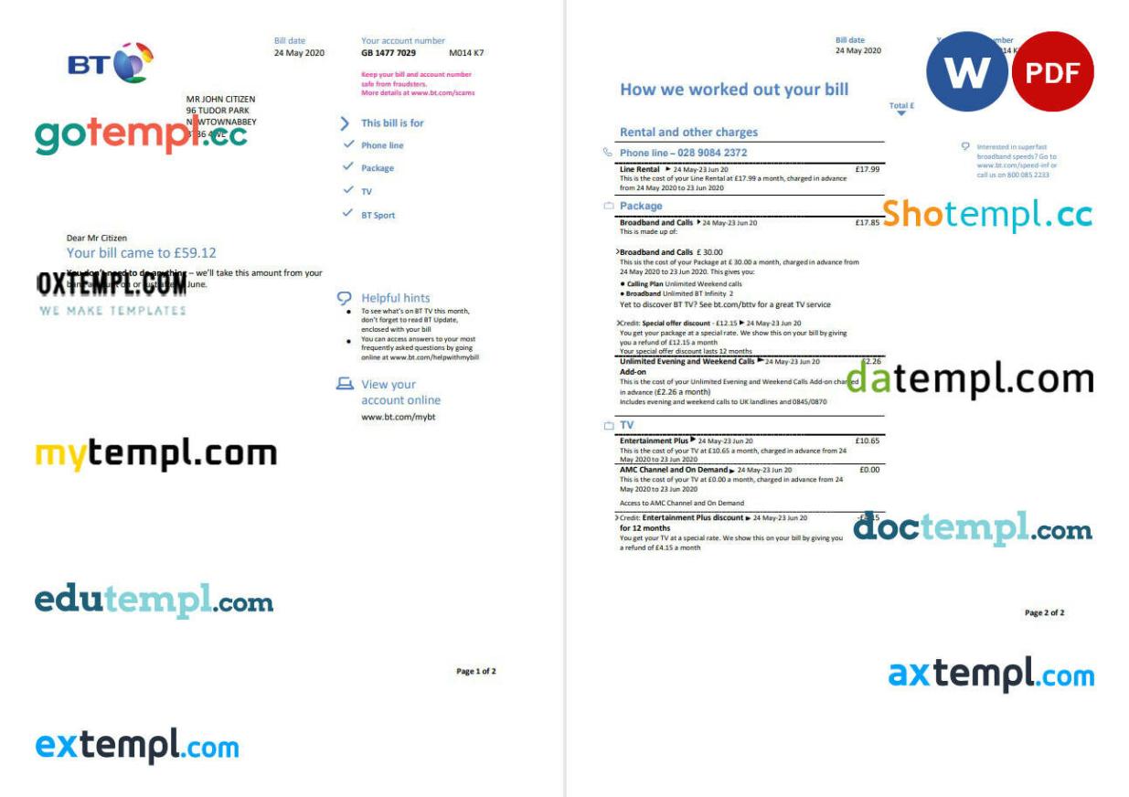 United Kingdom BT utility bill template in Word and PDF format, 2 pages