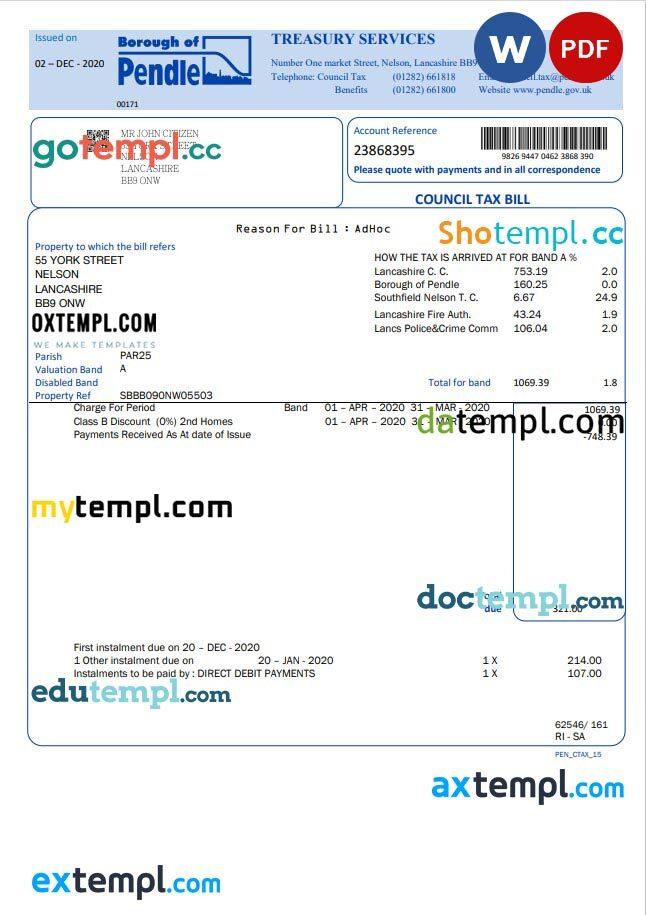 United Kingdom Borough of Pendle council tax bill template in Word and PDF format
