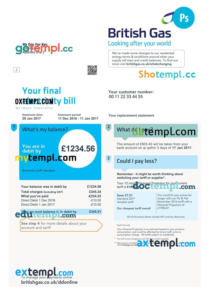 United Kingdom British Gas utility bill download PSD example