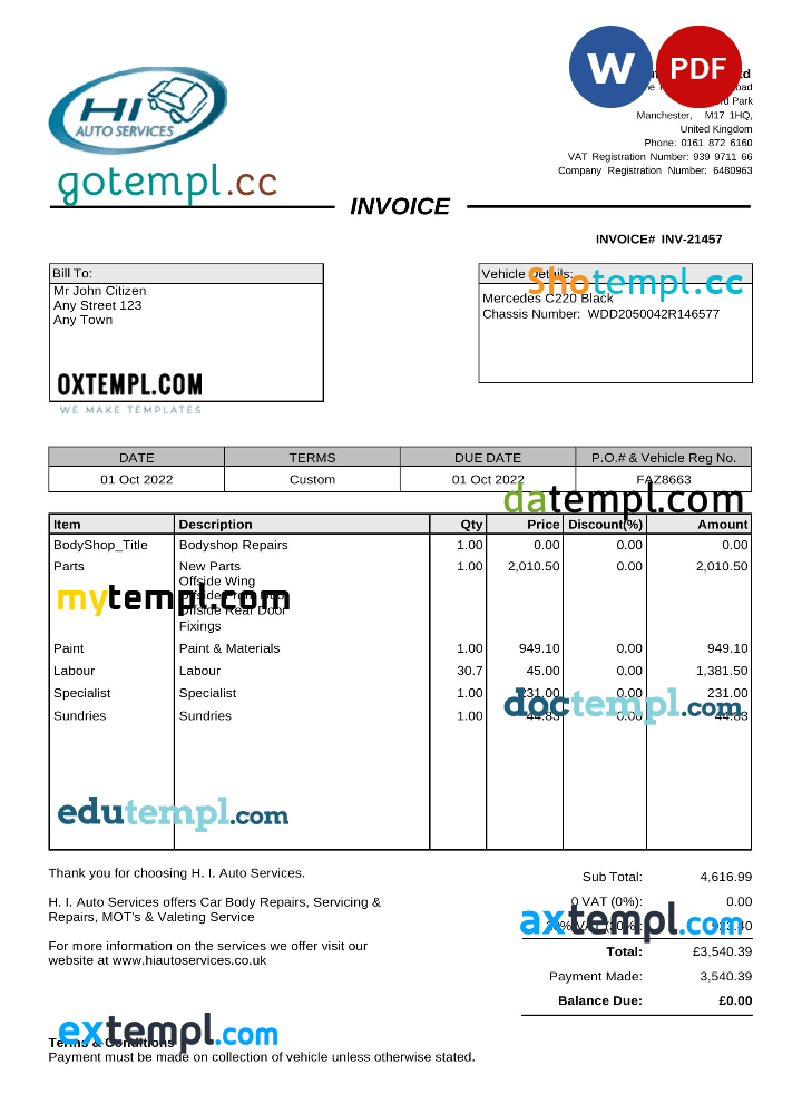 United Kingdom H I Auto Services Ltd invoice Word and PDF example, fully editable