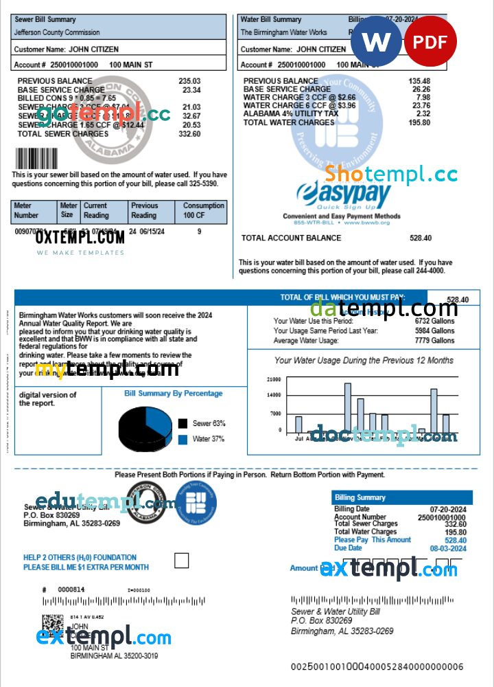 United Kingdom Sewer & Water utility bill download Word and PDF example