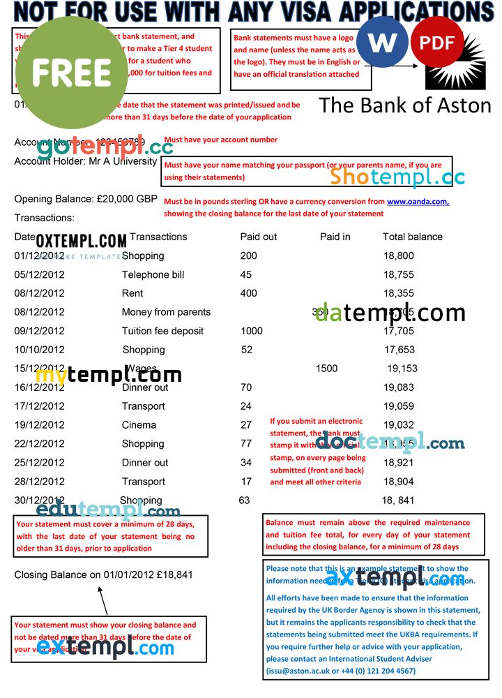 free download United Kingdom The Bank of Aston bank statement 3 - 6 months example in Word format