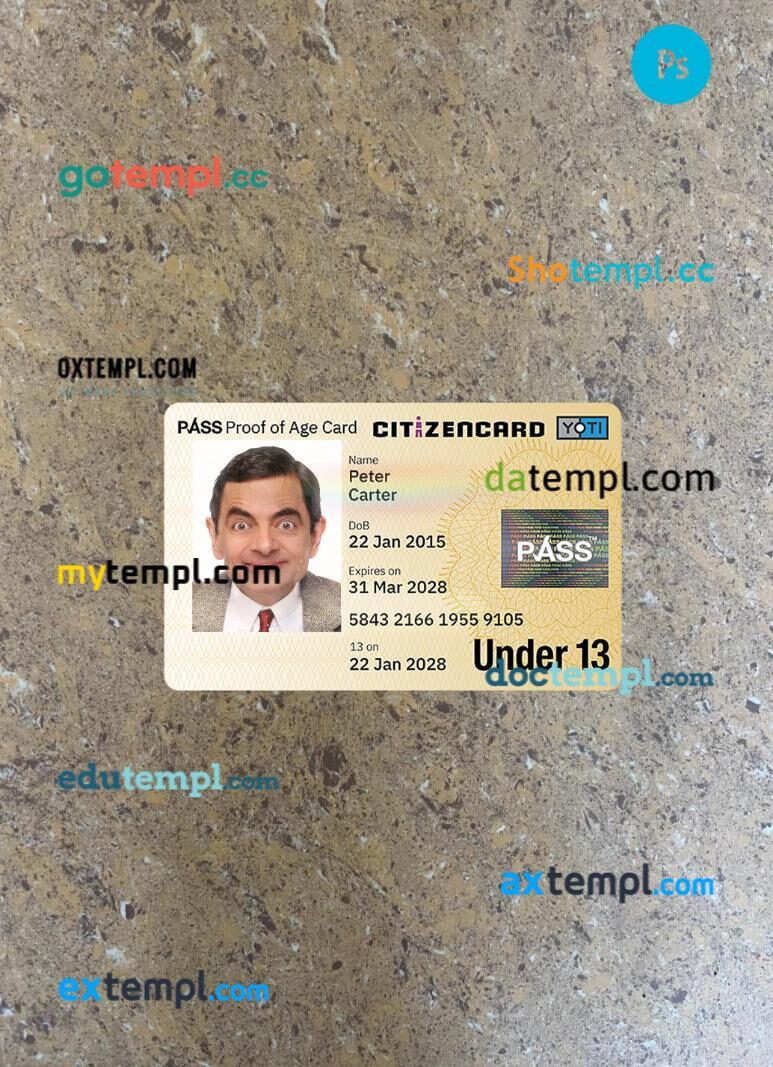 United Kingdom proof of age card for under 13 and 16-17 years photolook