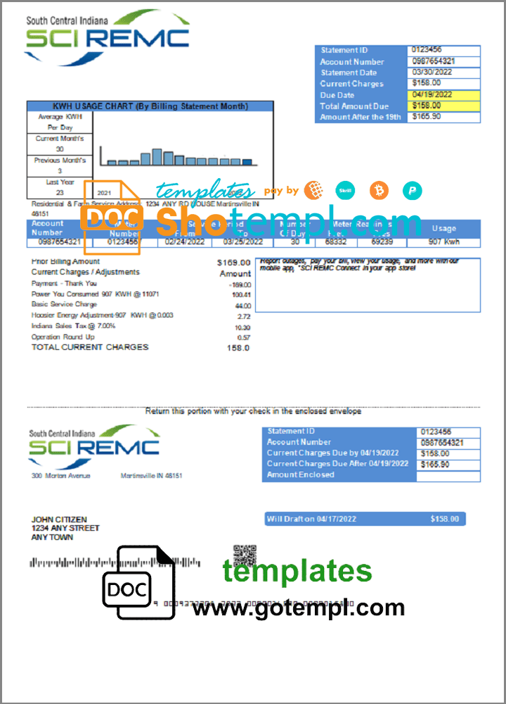 USA Indiana SCI REMC utility bill download example in Word and PDF format