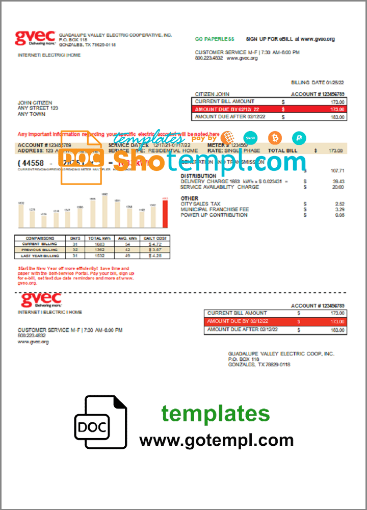 USA Texas GVEC utility bill download example in Word and PDF format