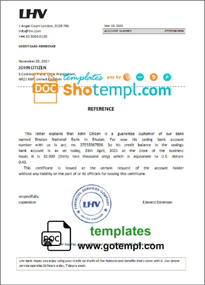 United Kingdom LHV bank account balance reference letter example in Word and PDF format