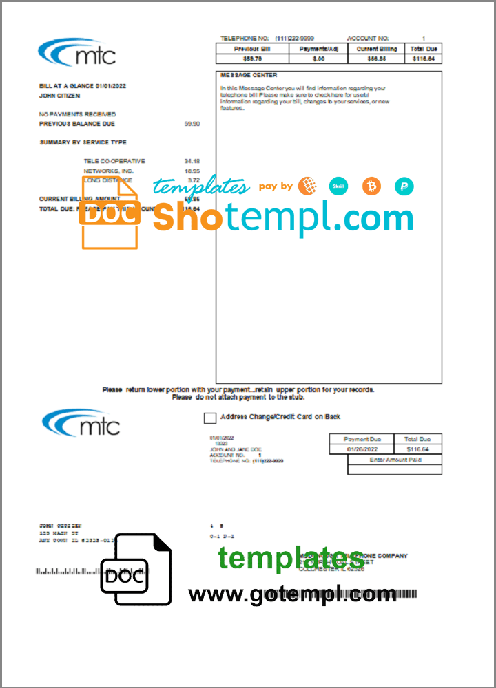 USA Illinois MTC utility bill download example in Word and PDF format