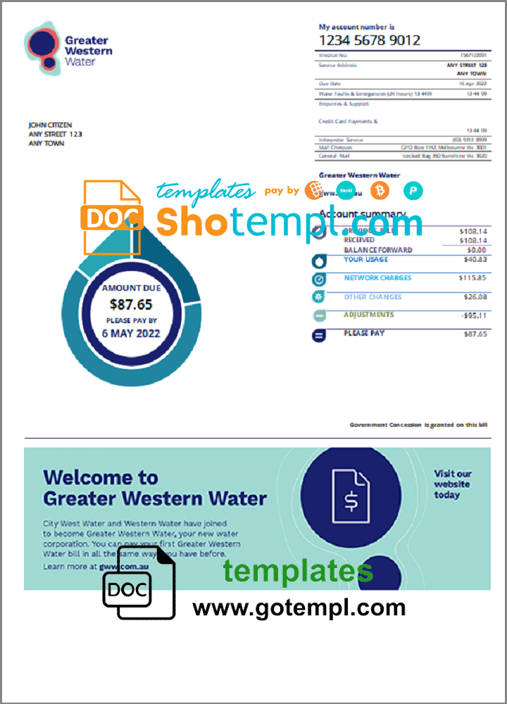 Australia Greater Western Water utility bill download example in Word and PDF format