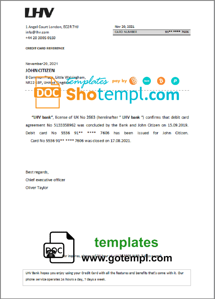United Kingdom LHV bank account closure reference letter example in Word and PDF format