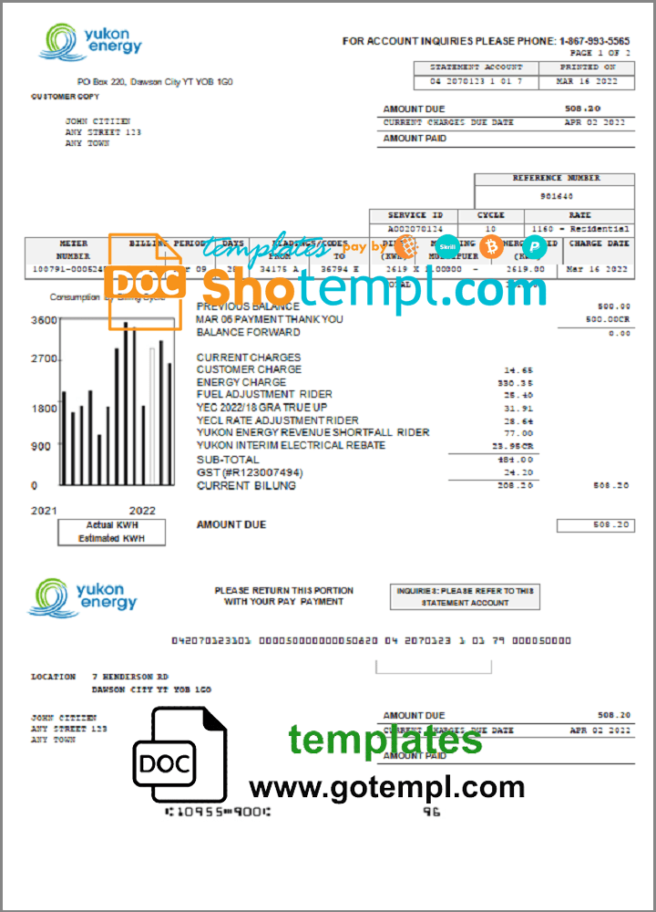 Canadian Yukon Energy utility bill download example in Word and PDF format