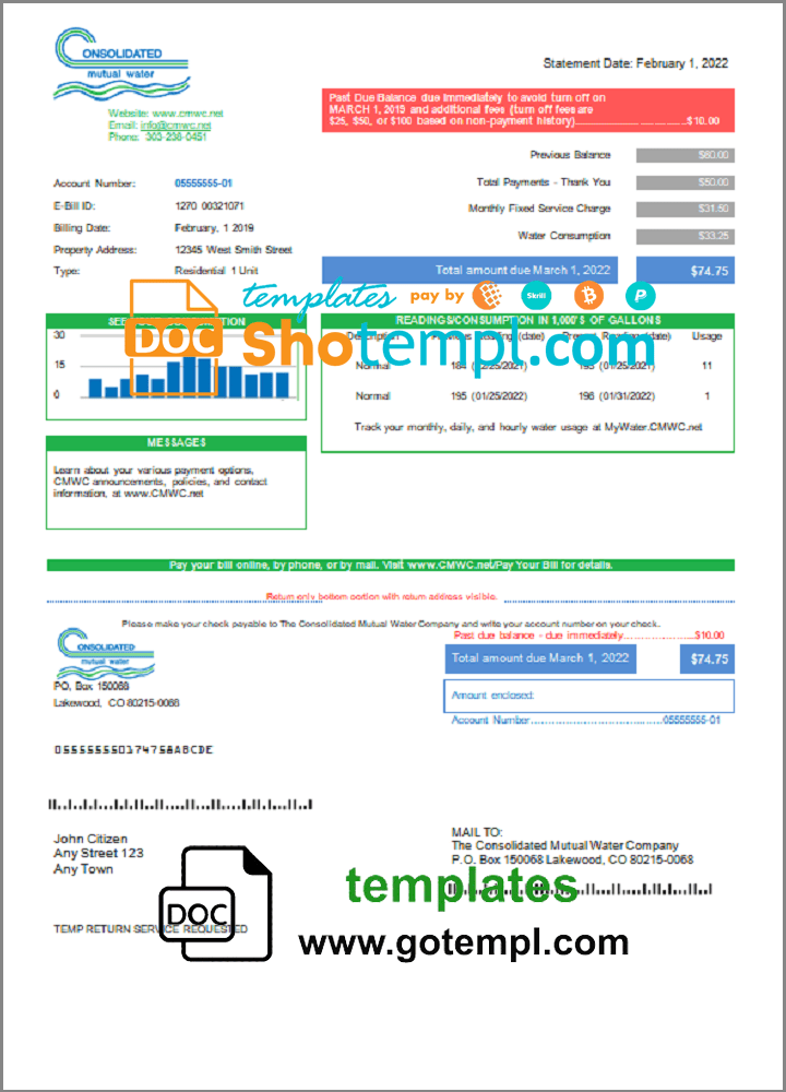 USA Consolidated Mutual Water utility bill download example in Word and PDF format
