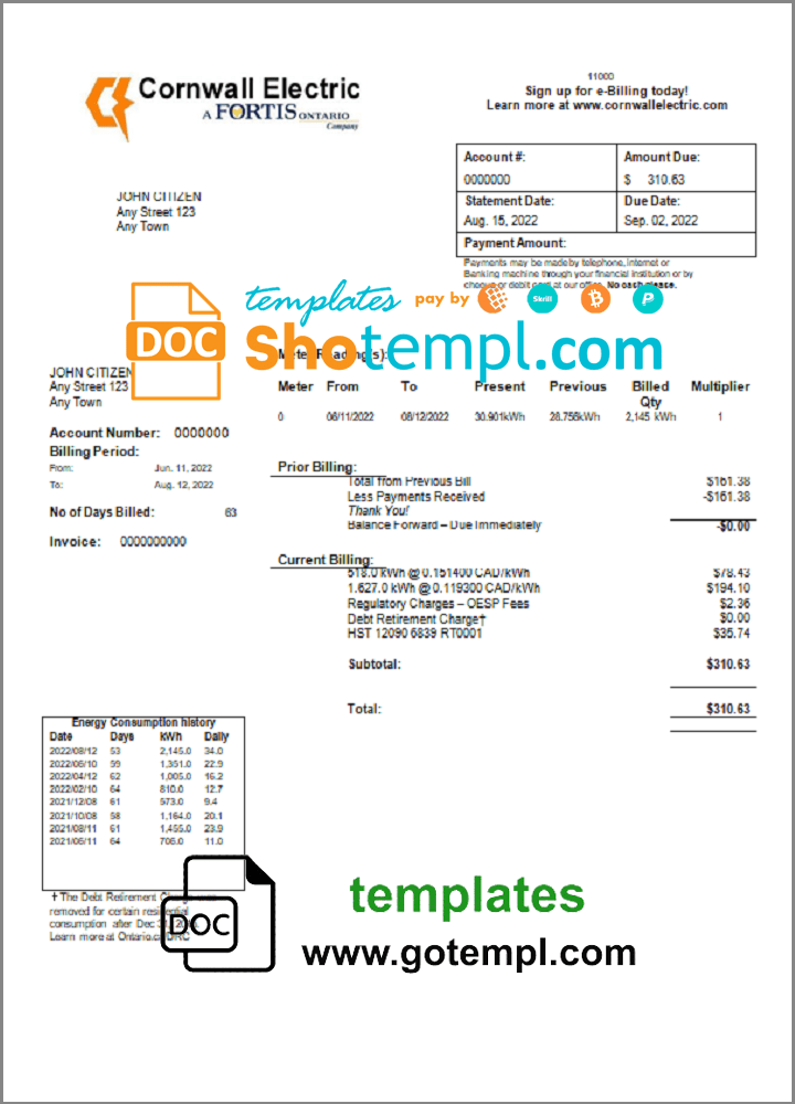 USA Cornwall Electric utility bill download example in Word and PDF format