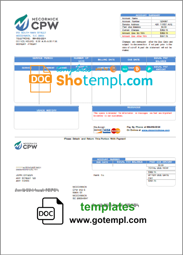 USA CPW utility bill download example in Word and PDF format
