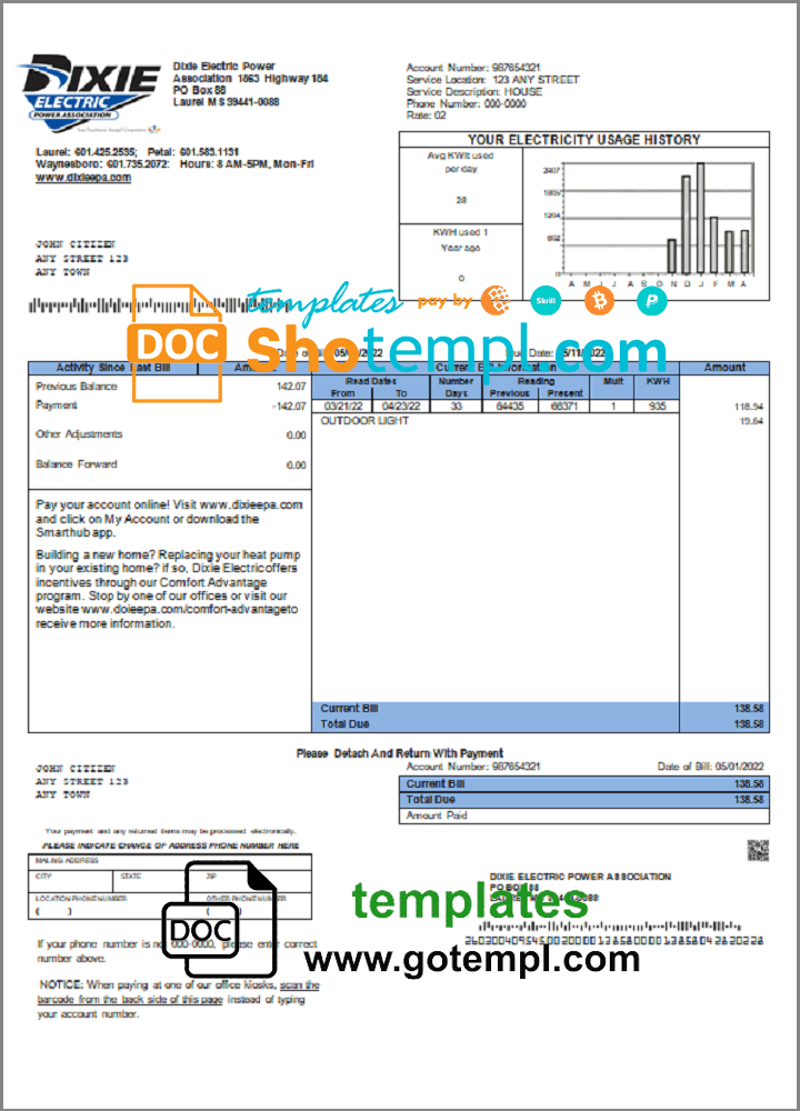 USA Mississippi Dixie Electric utility bill download example in Word and PDF format