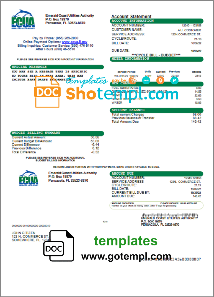 USA ECUA utility bill download example in Word and PDF format