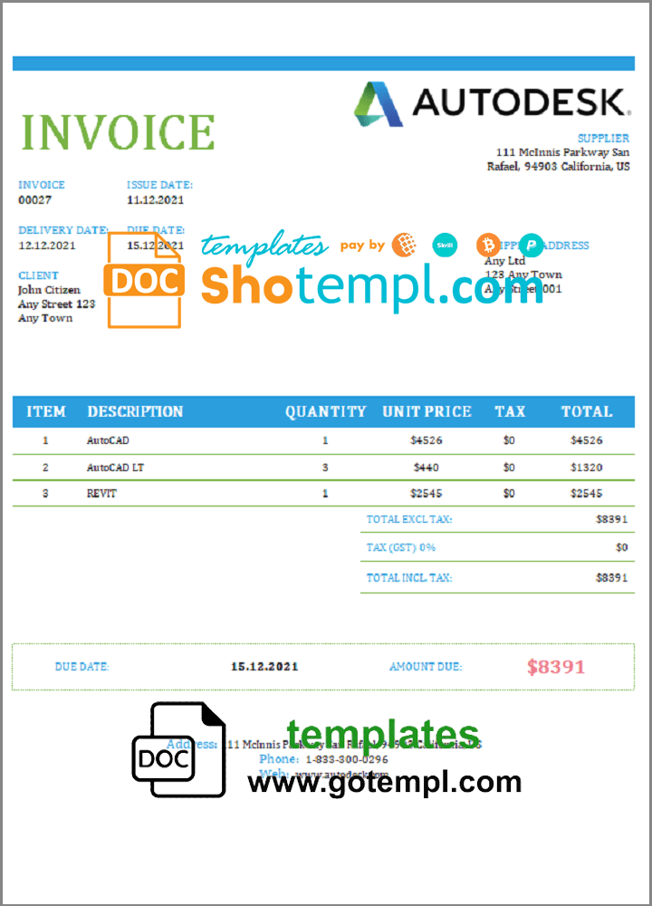 USA Autodesk invoice example in Word and PDF format, fully editable