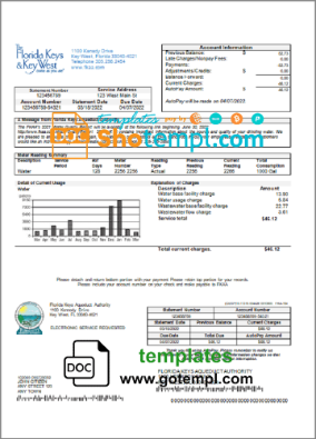 USA Florida Florida Keys utility bill download example in Word and PDF format
