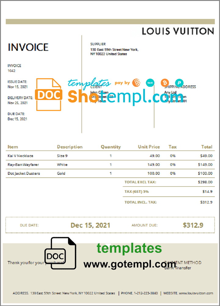 USA Louis Vuitton invoice example in Word and PDF format, fully editable