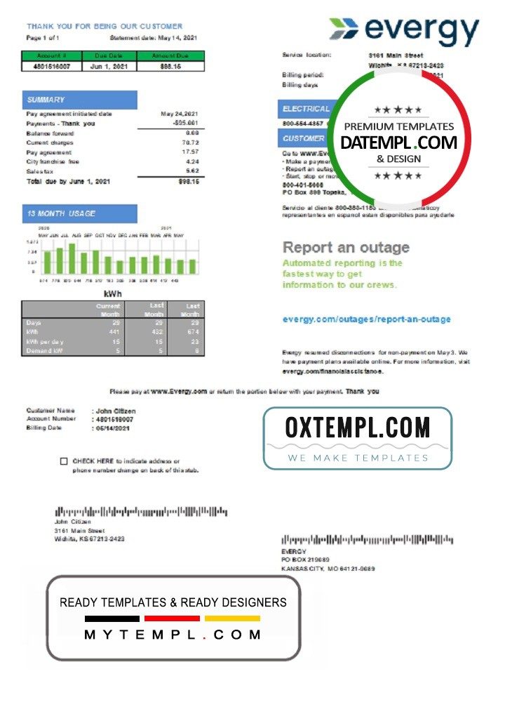 USA Missouri Evergy electricity utility bill download example in .doc and .pdf format