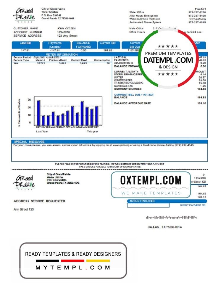 USA Texas Grand Prairie utility bill download example in Word and PDF format