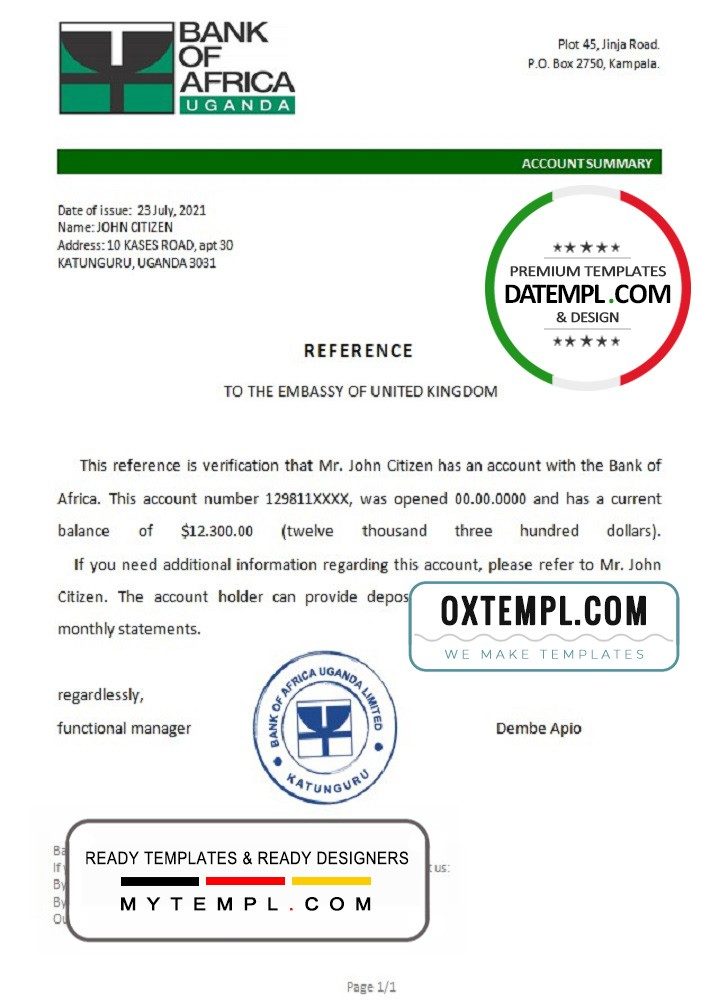 Uganda Bank of Africa account reference letter example in Word and PDF format