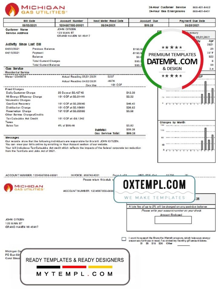 USA Michigan Gas Utilities utility bill download example in Word and PDF format