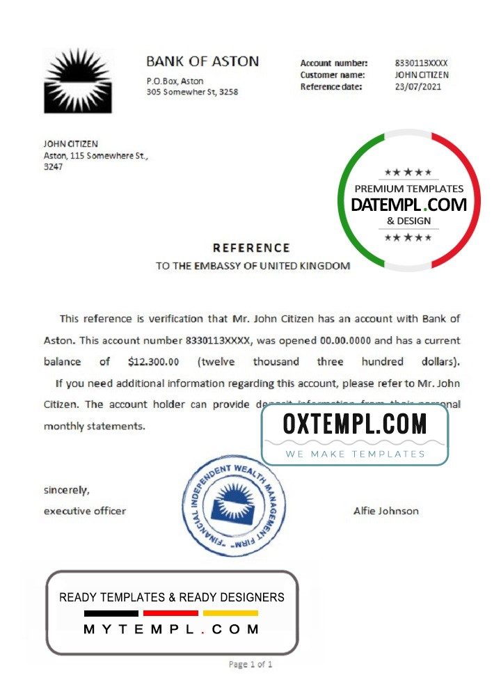 United Kingdom Bank of Aston reference letter example in Word and PDF format