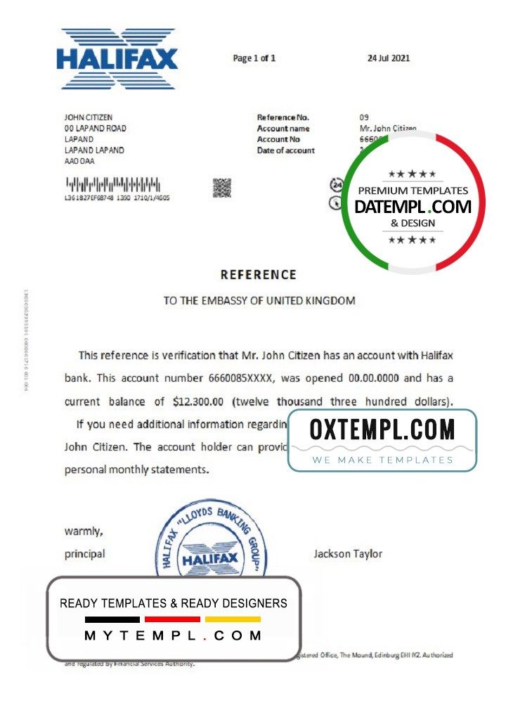 United Kingdom Halifax bank reference letter example in Word and PDF format