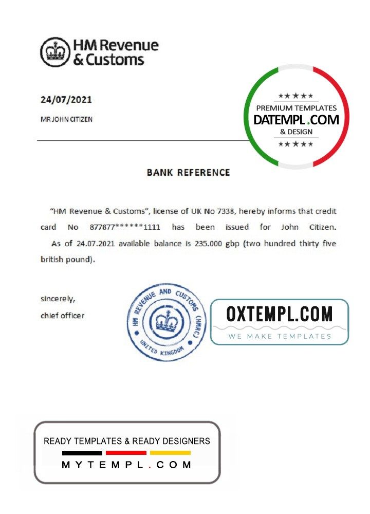 United Kingdom HM Revenue & Customs bank reference letter example in Word and PDF format