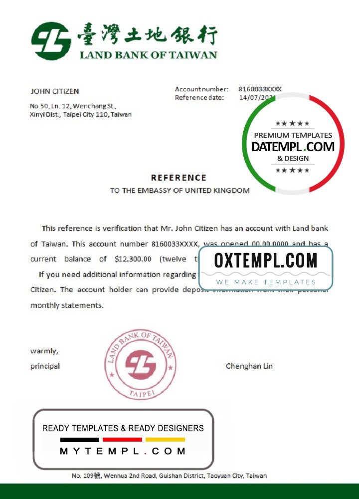 Taiwan Land Bank of Taiwan account reference letter example in Word and PDF format