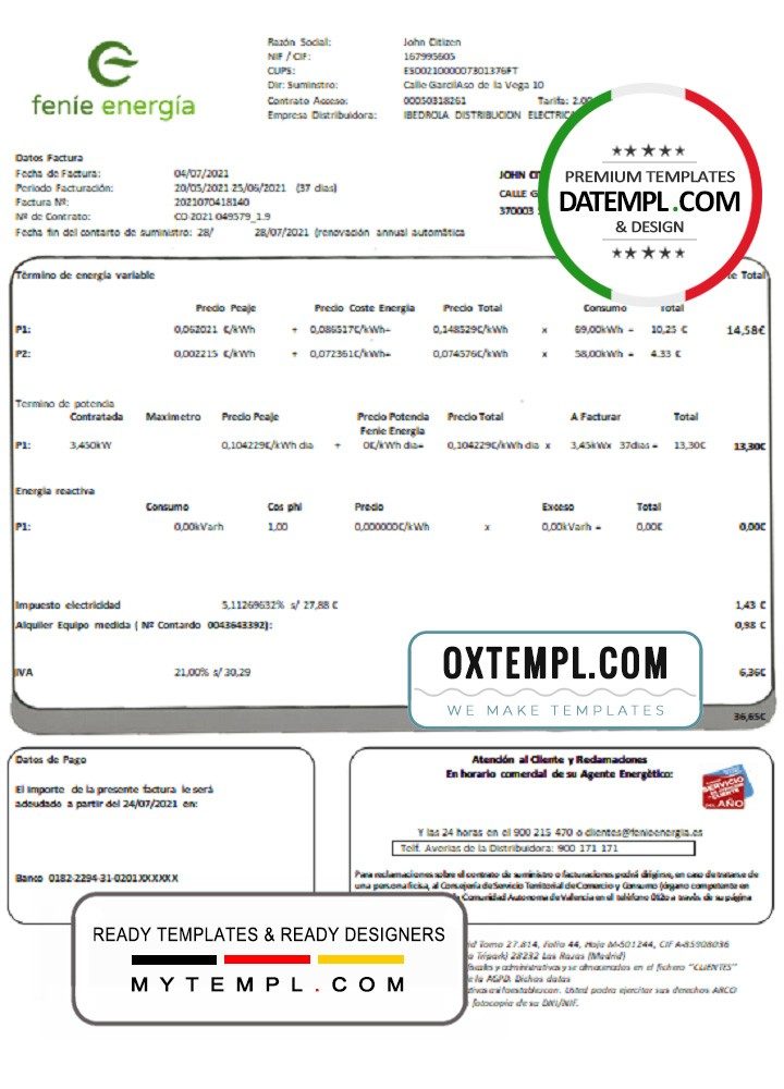 Spain Feníe Energía utility bill download example in Word and PDF format