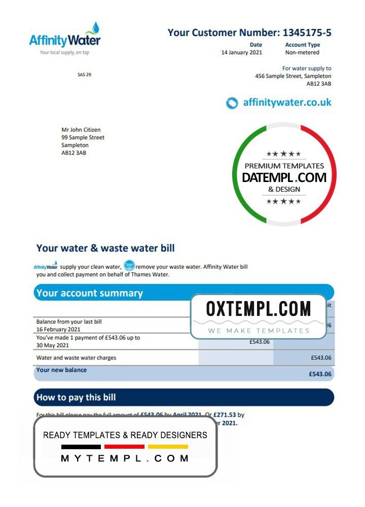 United Kingdom Affinity Water utility bill download example in Word and PDF format
