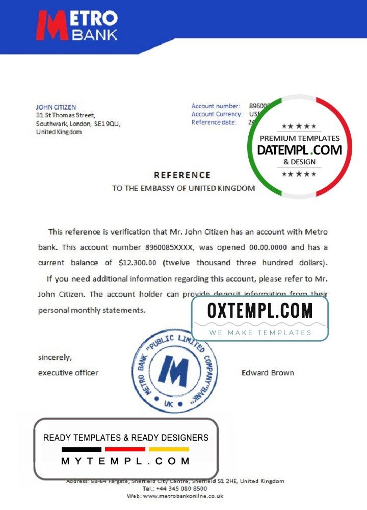 United Kingdom Metro bank reference letter example in Word and PDF format
