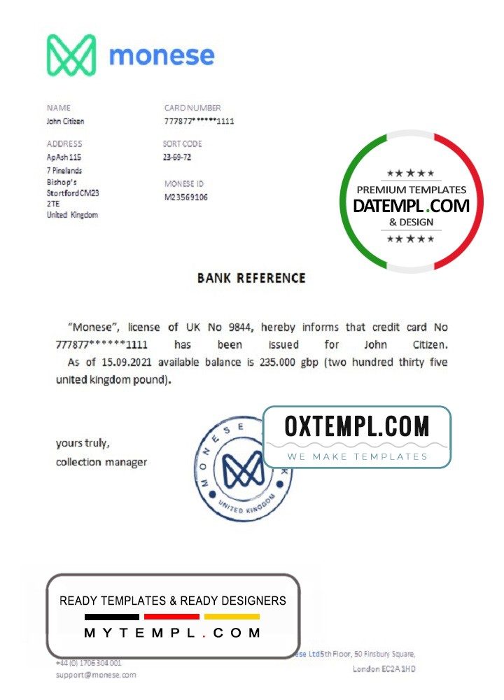 United Kingdom Monese bank account balance reference letter example in Word and PDF format