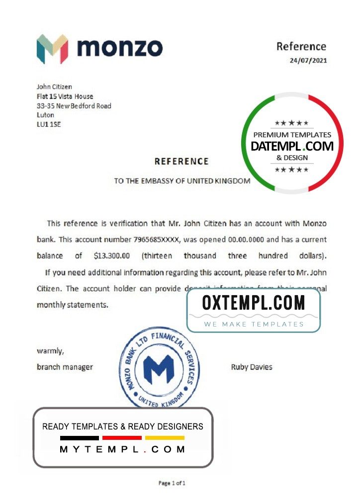 United Kingdom Monzo bank reference letter example in Word and PDF format