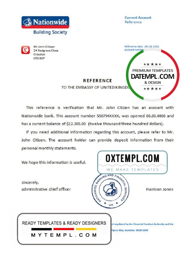 United Kingdom Nationwide bank reference letter example in Word and PDF format