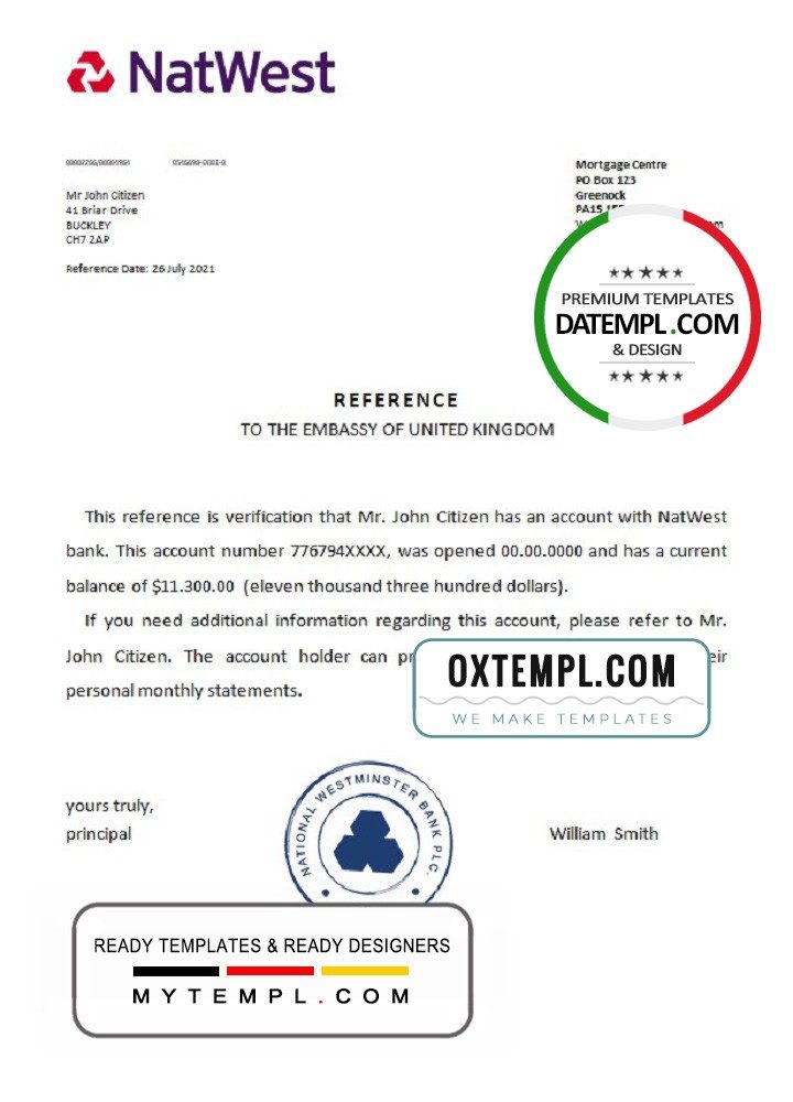 United Kingdom Natwest bank reference letter example in Word and PDF format
