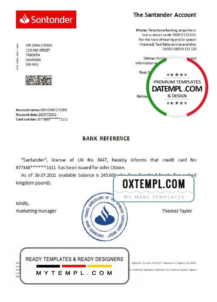 United Kingdom Santander bank reference letter example in Word and PDF format