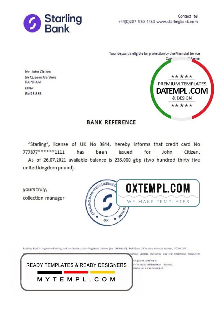 United Kingdom Starling bank reference letter example in Word and PDF format