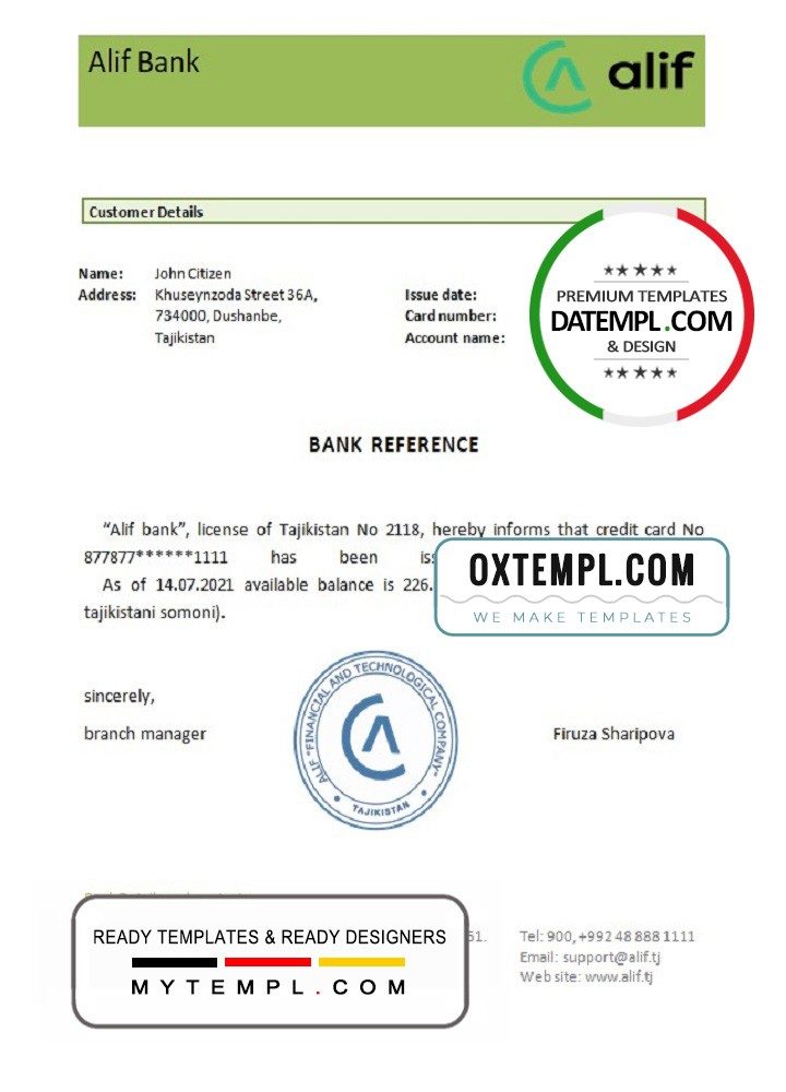 Tajikistani Alif bank reference account reference letter example in Word and PDF format