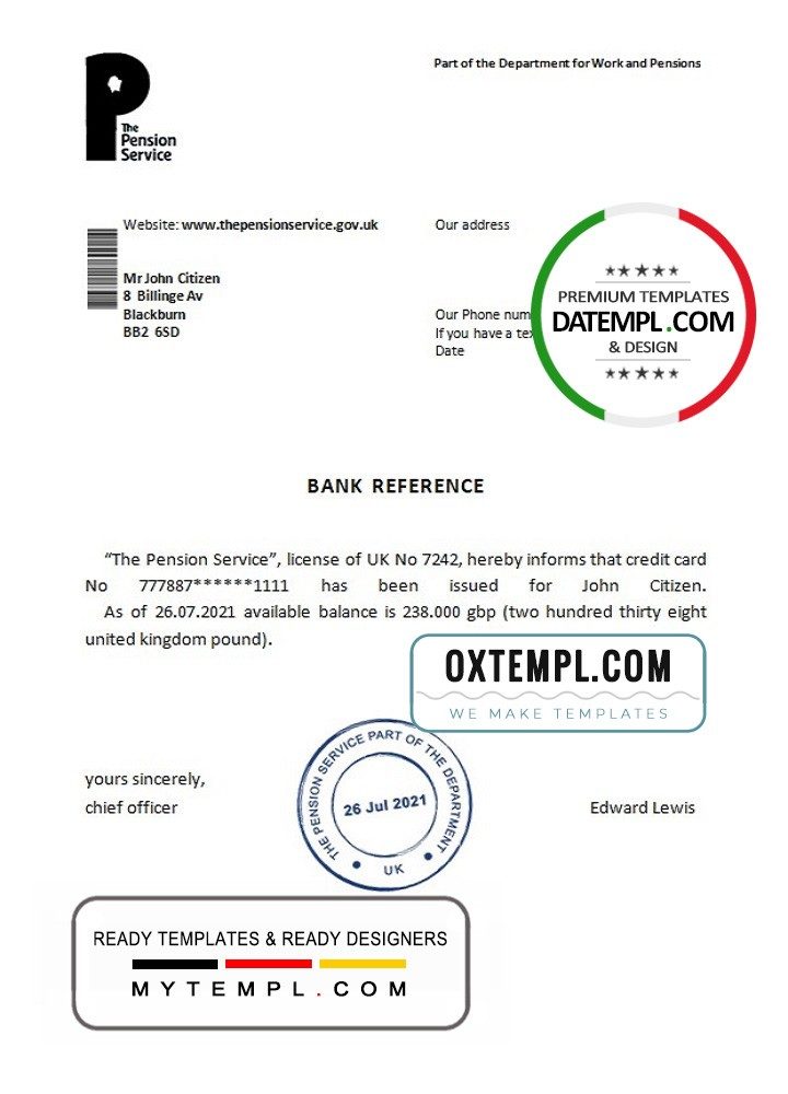 United Kingdom The Pension Service bank reference letter example in Word and PDF format