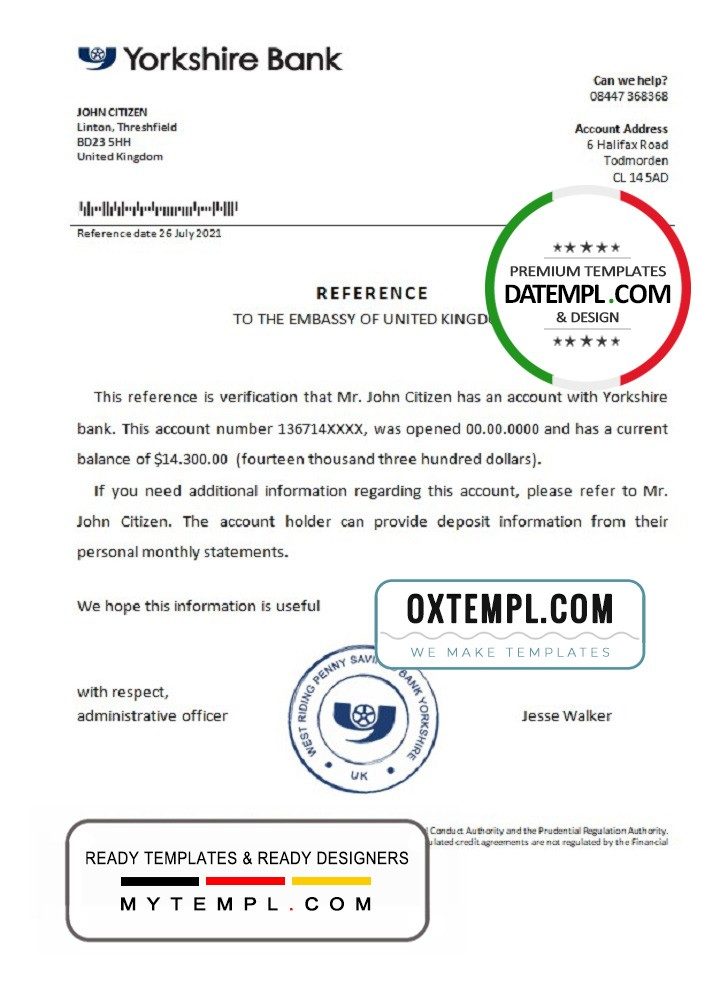 United Kingdom Yorkshire bank reference letter example in Word and PDF format