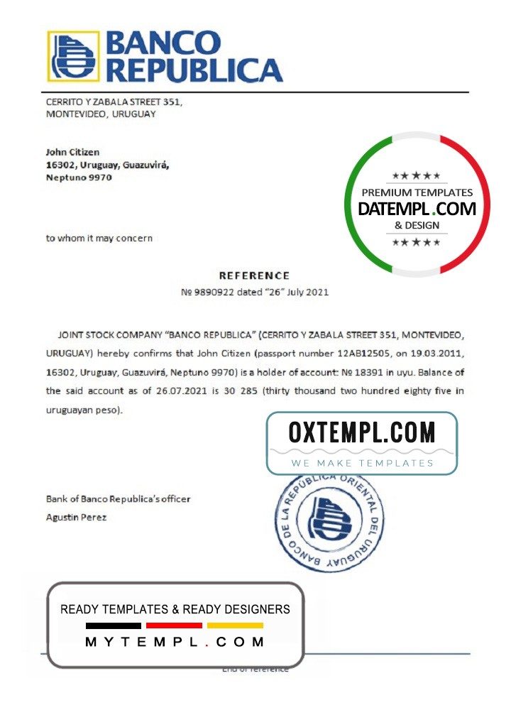 Uruguayan Banco República bank reference letter example in Word and PDF format