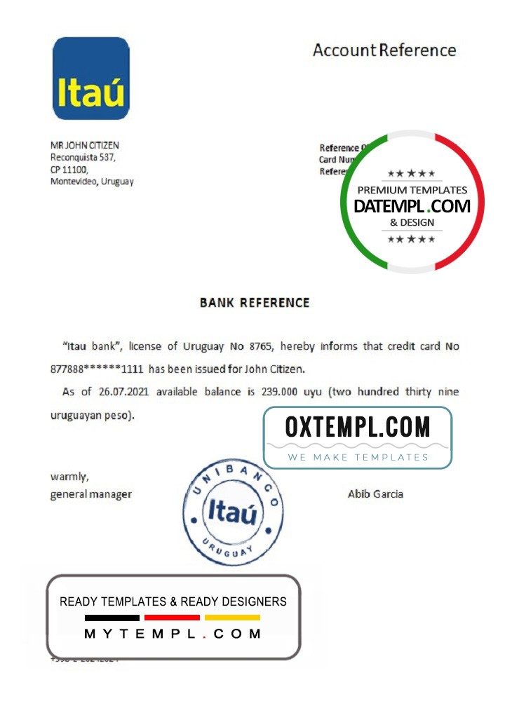 Uruguayan Itau bank reference letter example in Word and PDF format