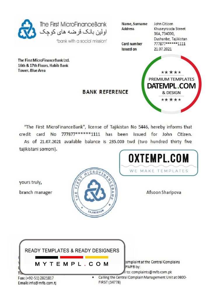 Tajikistani The First MicroFinanceBank reference account reference letter example in Word and PDF format