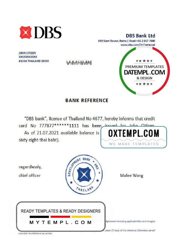 Thailand DBS bank reference account reference letter example in Word and PDF format