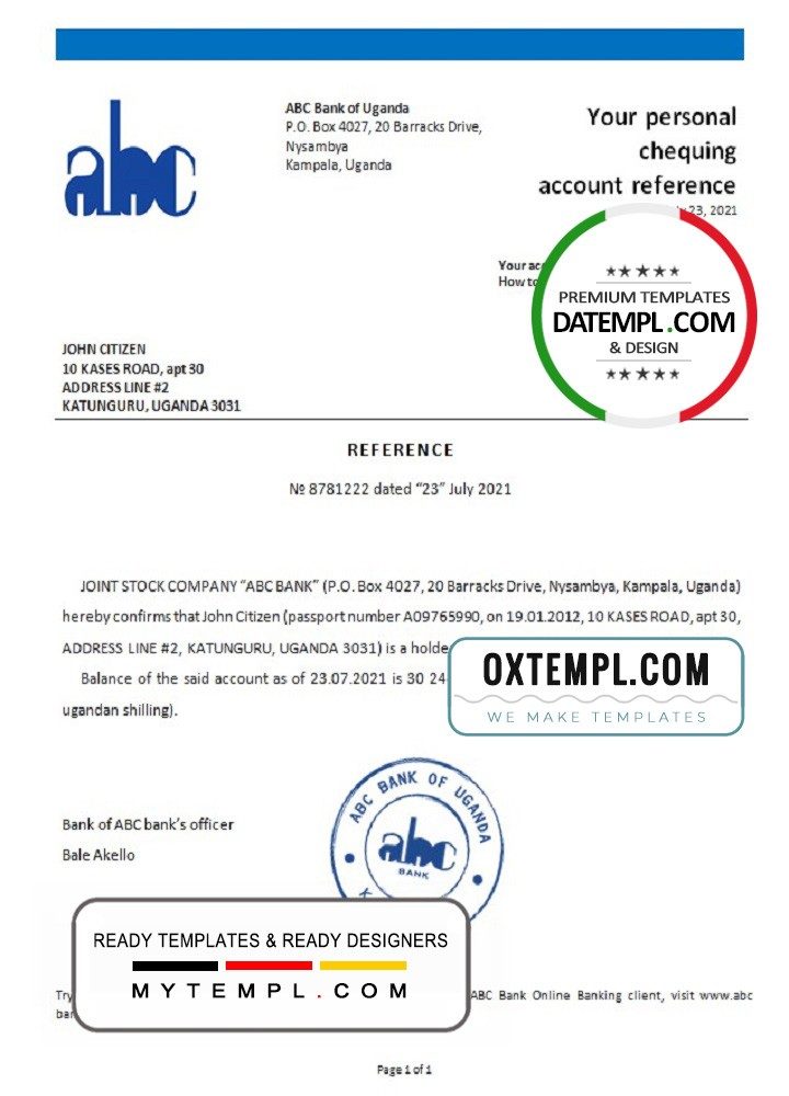 Uganda ABC bank account reference letter example in Word and PDF format