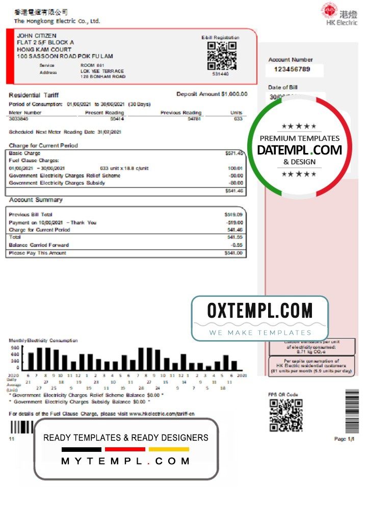 Hong Kong Hongkong Electric Company utility bill download example in Word and PDF format