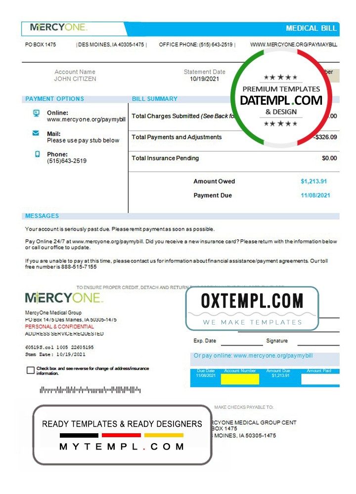 USA Iowa MercyOne medical bill example in Word and PDF format